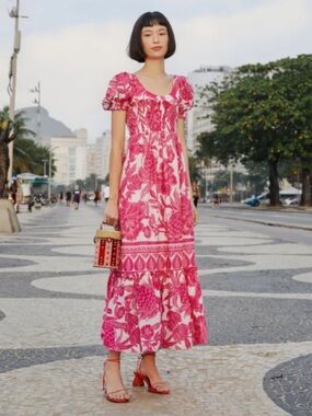 FARM Rio Pink Floral Puff-Sleeve Maxi Dress